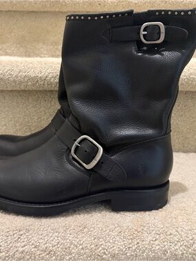 Frye Black Leather Mid-Calf Buckle Boots with Stud Trim
